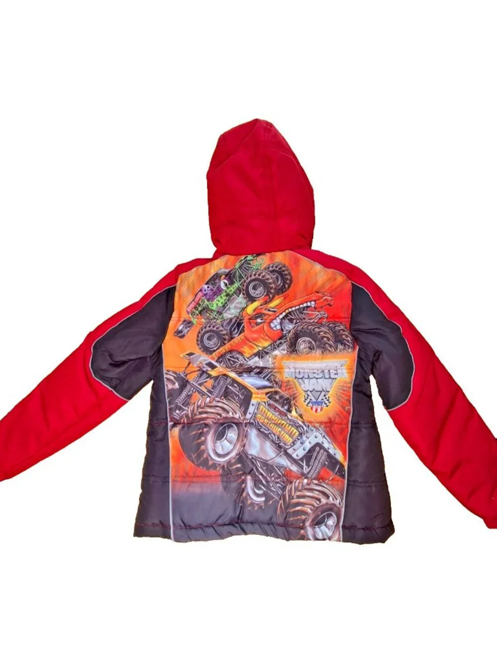 Monster Jam Kids Puffer Jacket Red Black Hooded Size M (8) – 2012 Monster Trucks